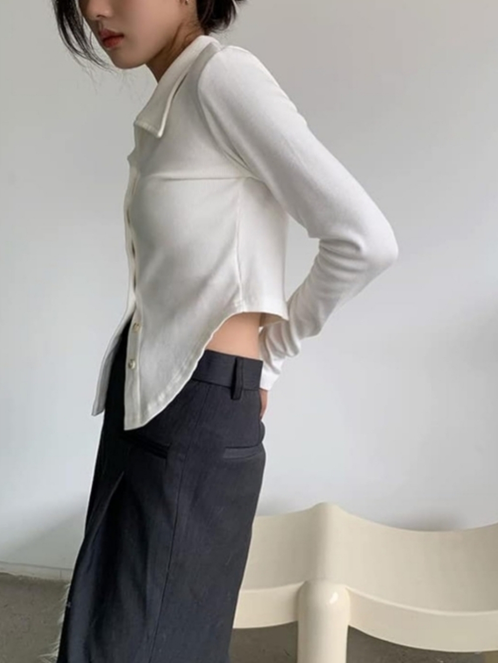 Amazon Cream Button-Front Ribbed Collared Top - Picture 6 of 6